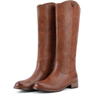 Women's Cognac Round Toe Chunky Heel Faux Suede Tall Knee High Boots Rubber